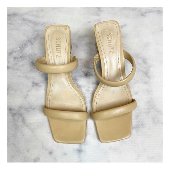 Schutz Ully Lo Beige Double Strap Leather Slide Heeled Sandals - Picture 3 of 11